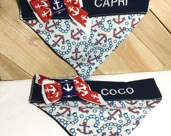 Blue Nautical Personalized Bandana with Anchors for Dog or Cat/ Over the Collar Bandanas / XXS to XL