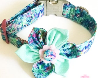 Pink, Blue, and Aqua Abstract Collar with Flower for Dogs and Cats with Pink Buckle /Metal Buckle Option/ Leash Option