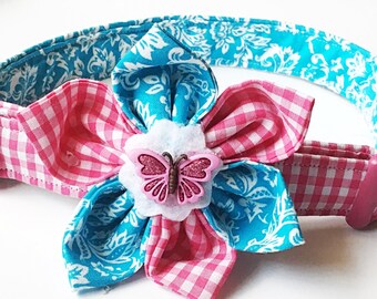 Pink and Blue Victorian Gingham Flower Collar  for Girl Dogs and Cats with Pink Buckle / Metal Buckle Upgrade /Martingale Option