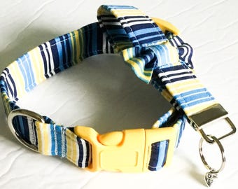Blue & Yellow Summer Striped Collar with Matching Bow Tie  Key Fob and Charm for Male Dog or Cat