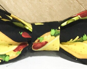 Black  Bow Tie with Tacos, Nachos & Jalapeños  for Dog or Cat  Collar /  Attachable Sports Collar Accessory