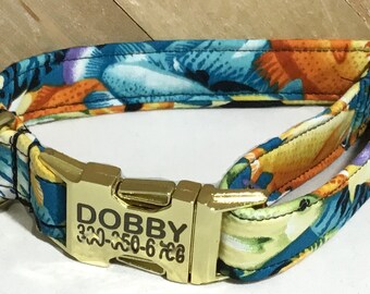 Colorful Tropical Fish  Dog Collar with  Engraved Buckle /XS-XL