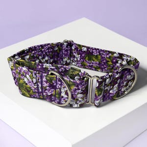 May include: A wide fabric collar featuring a vibrant purple and green floral pattern with small violet flowers and green leaves. The collar includes silver-toned metal hardware, specifically two D-rings and a sliding adjustment buckle for sizing.