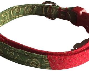 Green & Red Christmas Collar For Dogs or Cats with Red Buckle- Swirl and Polka Dot Fabric Collars - Custom Made - Holiday Pet Gift