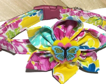 Pink and Yellow Floral Butterfly Collar with Flower for Girl Dog or Cat / Buckled or Martingale / Metal Buckle Upgrade / Leash Option