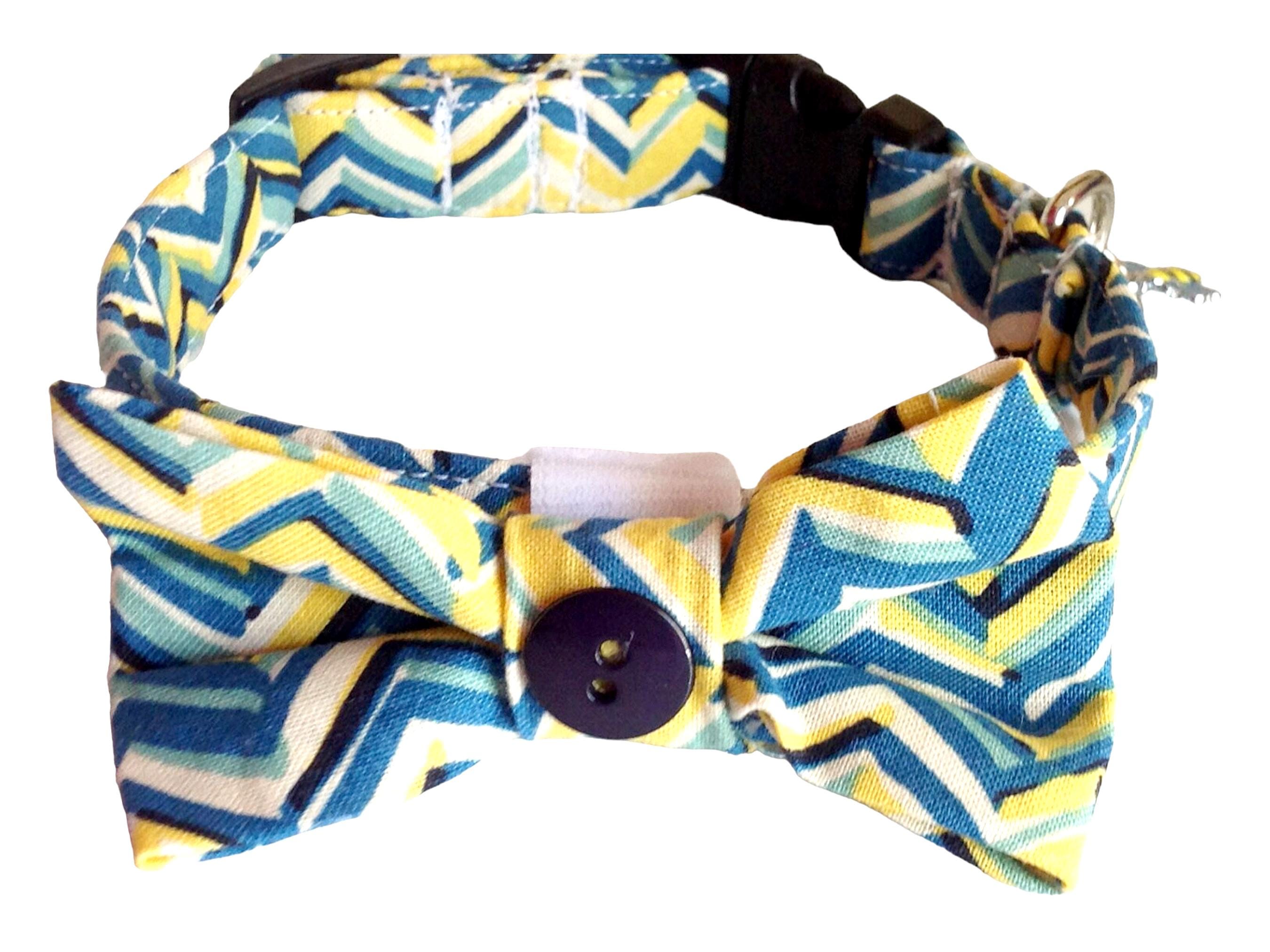 Chevron Bow Tie Collar - Blue & Yellow Pet Accessory With Charm