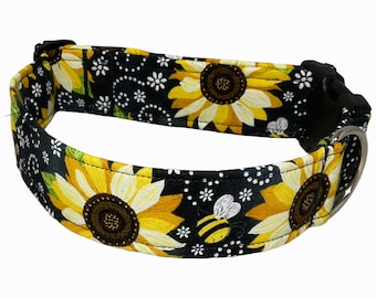 Yellow Sunflower Collar with Bees on Black Background- Buckled Dog Collar, Cat Breakaway & Martingale Options