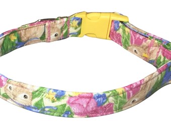 Spring Easter Bunny Dog & Cat Collar with Blue Background and Pink Tulips -Yellow Buckle -Martingale Option -Leash Upgrade