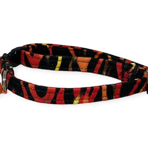 Flames Cat Collar with Bell- Breakaway Buckle- Red, Orange, Yellow Fire on Black - Name Personalization & Bow Upgrades