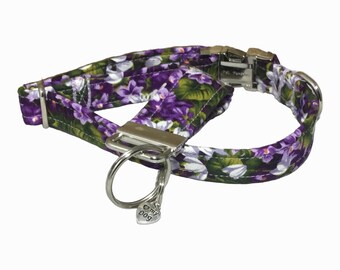 Floral Purple Collar + Key Wristlet & Charm- Purple, White Lilacs and Greenery -Black Buckle or Martingale -Metal Buckle, Leash Upgrades -