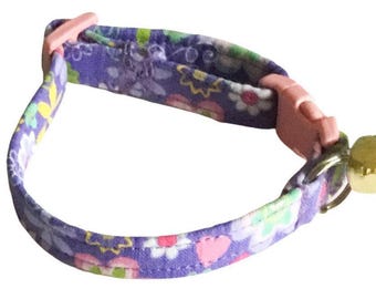 Purple Floral Cat Collar with Pink Breakaway Buckle and Bell - Fabric Collars- Custom Made