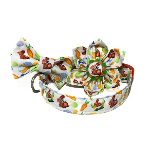 Easter Bunny & Carrots Collar with Bow for Dogs or Cats- Brown Bunnies, Orange Carrots on White - Buckled or Martingale- Upgrades Available