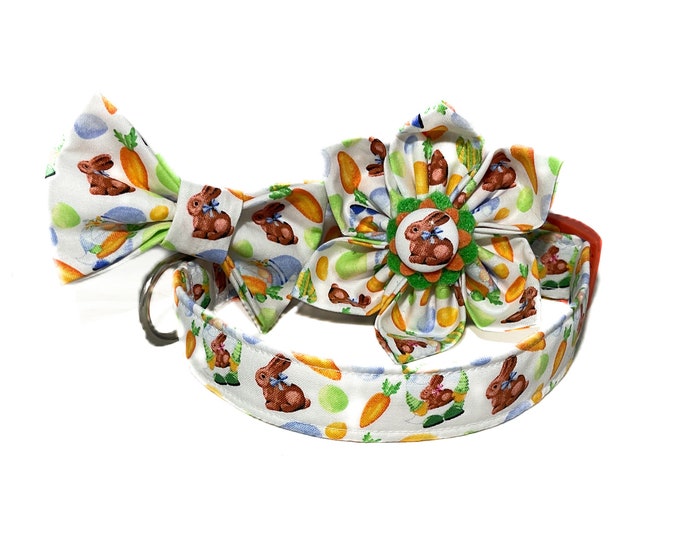 Featured listing image: Easter Bunny & Carrots Collar with Bow for Dogs or Cats- Brown Bunnies, Orange Carrots on White - Buckled or Martingale- Upgrades Available