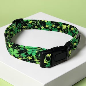 St. Patrick's Day Collar-Green Shamrocks on Black (Dog & Cat Sizes XS-XXL)