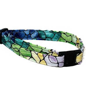 Stain Glass Breakaway DogCollar- Black Safety Buckle- Blue, Green, Purple on Black- Fabric Collar-  XXS- XL Sizes