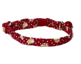 Floral Daisy Cat Breakaway Collar with Bell- White Daisies & Polka Dots on Red- Feline Collars- Available Name Personalization