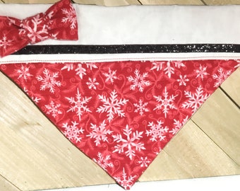 Red Christmas Snowflake Dog or Cat Bandana With Name Personalization Option, Santa Bandana,  Over The Collar Holiday Pet Scarf