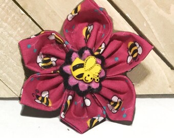 Dark Pink Bumble Bee Flower for Dog or Cat Collar or Leash- Custom Made Fabric Bow- Gift for Pet