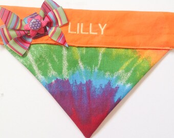 Tie Dyed Embroidered Dog and Cat Bandana with Side Bow