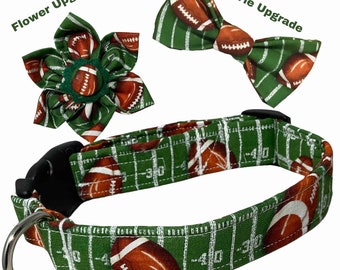 Football Dog or Cat Collar with Black Buckle or Slip OnMartingale- Leash & Flower or Bow Tie Upgrades