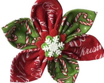 Red and Green Candy Cane Christmas Dog and Cat Flower with Snowflake