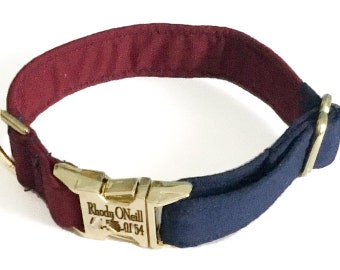 Burgundy and Navy Blue Dog Collar with Engraved Buckle /XXS-XL