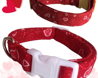 Red Valentine's Day Collar with Hearts for Dogs and Cats- Buckle, Breakaway, Martingale Available