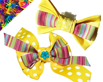 Yellow & Pink Attachable Pet Bow for Collar-  Stylish Ribbon Bow or Bow Tie for Male or Female Dogs and Cats- Collar Accessory