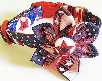 Patriotic Stars & Stripes Collar with Flower  For Girl Dogs and Cats
