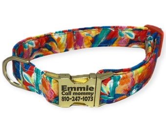 Tropical  Floral Personalized Dog Collar -Brushed Gold Engraved Buckle- Colorful Rainbow Flowers -Handmade Made