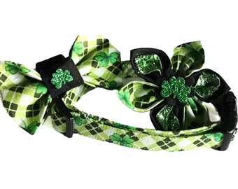 St Patricks Day Plaid Shamrock Collar with Bow for Male & Female Dogs and Cats - Green Argyle Plaid with Shamrocks on White - Handmade