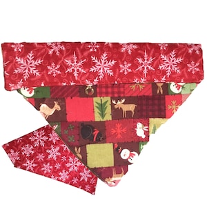 Reversible Christmas Dog or Cat Bandana - Over the Collar Patchwork & Snowflakes Scarf- Custom Made
