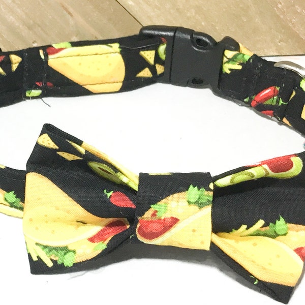 Taco, Nacho & Jalapeño Bow Tie Collar With Black Background for Male Cats and Dogs, Buckled or Martingale Collars