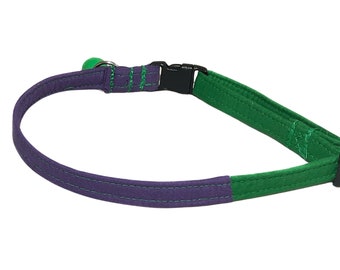 Solid Purple & Green Breakaway Cat Collar with Bell - Two Toned Collars- Custom Made - Flower or Bow Tie Upgrade