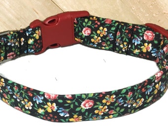 Black & Red Floral Collar For Girl Dogs And Cats with Red Buckle-Buckle, Breakaway, Martingale Available