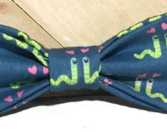 Blue Bow Tie with Yellow & Green Worms  for Dog or Cat  Collar /  Attachable Sports Collar Accessory