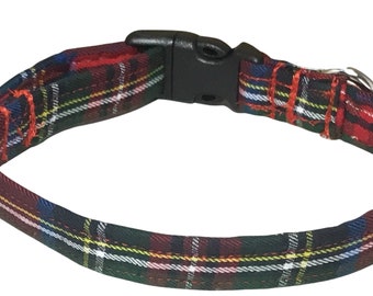 Red Tartan Plaid Christmas Pet Collar with Black Buckle or Slip on Martingale - Metal Upgrade Available -Personalized Buckle Upgrades