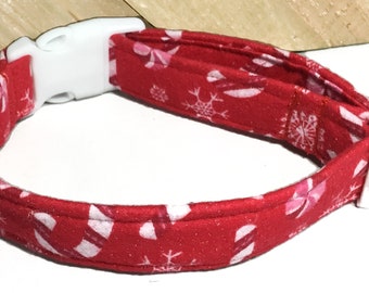Red Christmas Collar with Candy Canes and Snowflakes for Cats and Dogs/ Martingale or Buckled /
