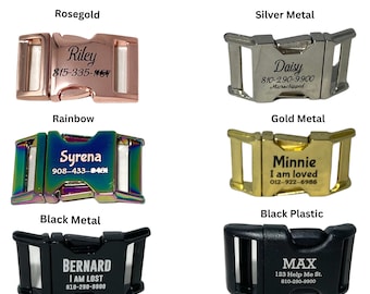 Engraved Metal & Plastic Buckle Upgrades - Personalized Buckles - Black Plastic, Silver, Gold Black Rose Gold, Rainbow Metal