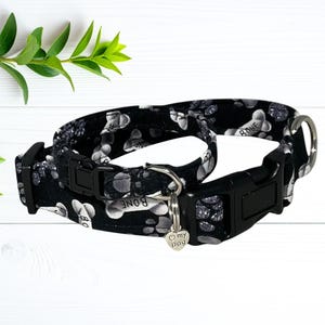 A black and white dog collar with paw print patterns and a silver dog tag is displayed on a white wooden surface, accompanied by a green plant.
