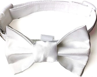 White Satin Wedding Bow Tie Dog or Cat Collar / Metal Buckle Upgrade / Matching 5 Ft Leash Upgrade