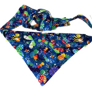 Insect Bandana for Dogs & Cats- Over the Collar or Tie On - Reversible Scarf-Blue Background with Bees, Lady Bugs, Caterpillar -Name Upgrade
