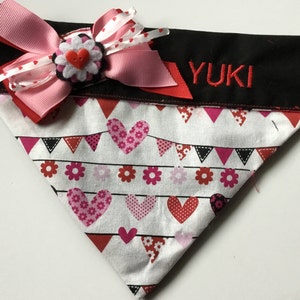 Valentines Day Hearts & Flowers Over the Collar Embroidered Bandana for Dogs and Cats with Ribbon Bow image 3