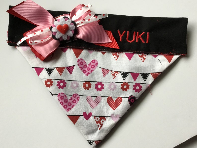 Valentines Day Hearts & Flowers Over the Collar Embroidered Bandana for Dogs and Cats with Ribbon Bow image 3