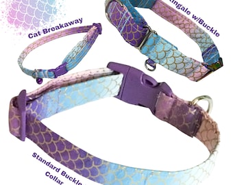 Pink Blue & Purple Mermaid Collar for Dogs and Cats with Purple Buckle- Martingale Option - Personalized Buckle Upgrades