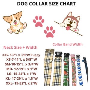 The image is a dog collar size chart that provides the collar size and band width for various dog breeds. It includes illustrations of a Corgi puppy and a husky, as well as several different collar designs and band widths.