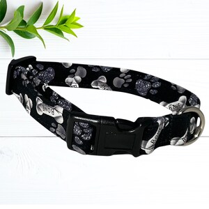 A black and white dog collar with paw prints and the word "BONE" printed on it, placed on a white wooden surface next to a green plant.