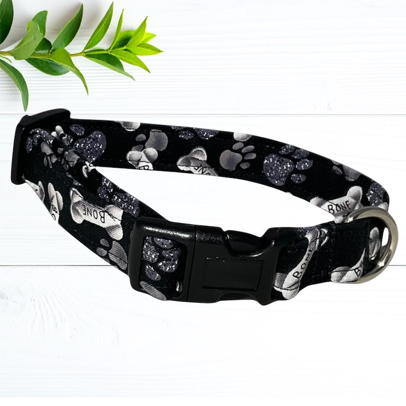 A black and white dog collar with paw prints and the word "BONE" printed on it, placed on a white wooden surface next to a green plant.