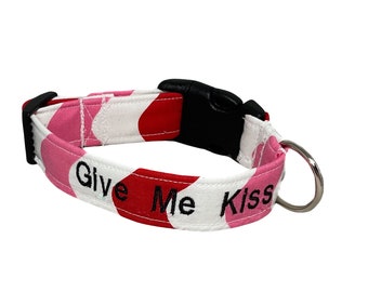 Personalized Valentine’s Day Dog or Cat Collar- Red, White & Pink Chevron - Embroidered Name or Phrase on Collar