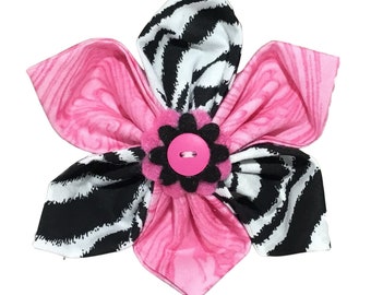 Pink & Black Zebra Print Flower for Female Dog and Cat Collar- Collar Accessory - Custom Made